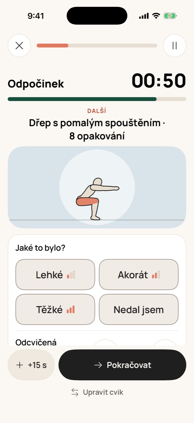 Odpočinek mezi sériemi s otázkou Jaké to bylo? a volbami Lehké, Akorát, Těžké a Nedal jsem