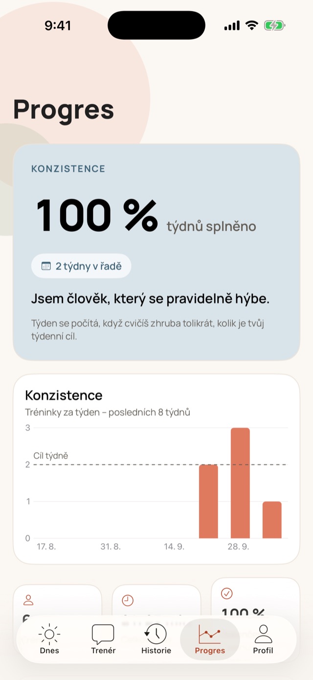 Obrazovka Progres: konzistence 100 % týdnů splněno, 2 týdny v řadě a graf tréninků za týden